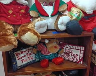 Christmas stuffed animals lot, Santa teddy bears, holiday plush toys, snowman figurines, shelf decor