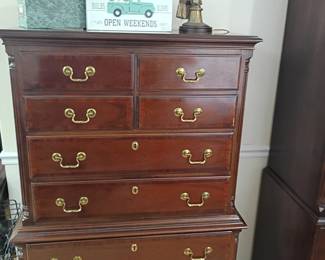 Dark wood highboy chest of drawers, brass pulls, traditional bedroom dresser furniture