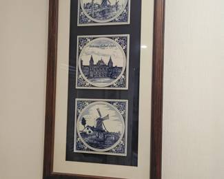 Framed Delft blue and white tiles, Dutch windmill scenes