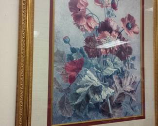 Framed floral still life oil painting, pink and red flowers, gold frame