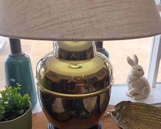 Brass polished table lamp with fabric shade, gold urn style lamp, ceramic bunny figurine, Life magazine, vintage home decor lot