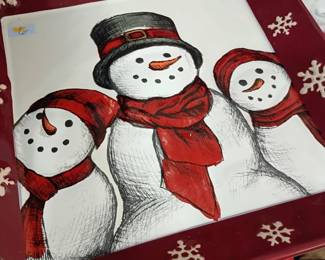Christmas snowman canvas painting, red snowflake holiday wall art, winter decor, festive print