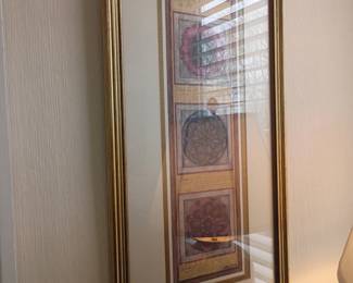 Framed multi-panel art collage, decorative grid print, tall vertical frame