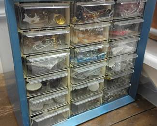 Blue small parts organizer cabinet, multi drawer clear plastic bins, hardware craft supply storage, vintage workshop tool chest, garage