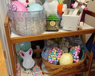 Easter decorations, bunny figurines, baskets, and eggs collection