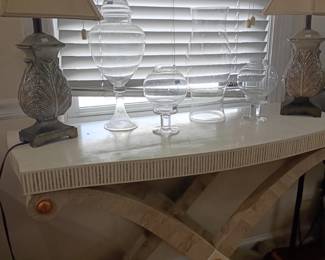 White wicker desk table, rattan writing desk, table lamp, cottage style bedroom furniture, wicker vanity table, coastal decor