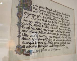 Framed calligraphy illuminated manuscript print, decorative text art