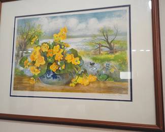 Framed floral watercolor painting, yellow flowers in vase