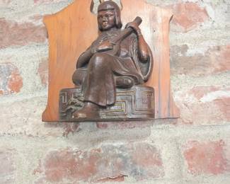 Bronze religious saint statue bookend, medieval king figure, carved throne, vintage decor