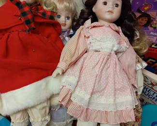 Vintage porcelain dolls collection, pink dresses, blonde brunette, collectible dolls