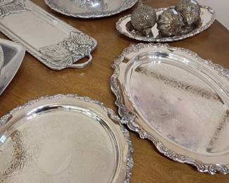 Silver plated serving trays, ornate platters, silverplate lot, vintage entertaining