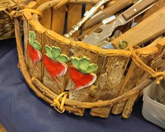 Wicker basket kitchen utensils lot, wooden spoons spatulas, strawberry themed decor, vintage cooking tools, country kitchen accessories