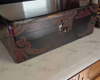 Vintage steamer trunk suitcase, antique travel luggage, decorative storage chest, old leather strap trunk, rustic home decor accent