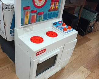 Fisher Price play kitchen toy stove, vintage children's pretend cooking set, red burners, retro toy oven, kids toy