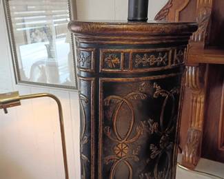 Antique dark wood parlor cabinet, Victorian carved stove, brass oil lamp table lamp, vintage furniture, ornate inlay woodwork