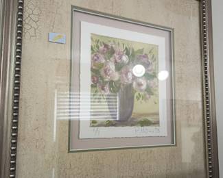 Framed floral watercolor print, pink roses, double matted, wall art