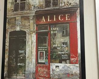 Framed Alice Cafe Bar Paris street scene print, French storefront painting