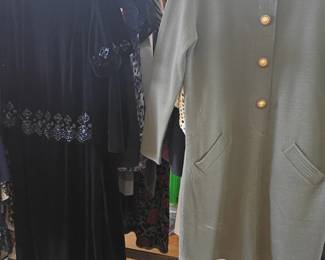 Women's clothing lot, green blazer gold buttons, black dresses embellished tops, vintage ladies wardrobe, closet cleanout apparel
