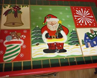 Painted Christmas tray table, Santa Claus stocking bell scenes, holiday serving tray, folk art decor