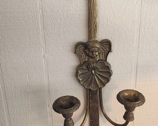 Brass wall sconce candle holder, angel cherub bow ribbon design, double arm candelabra, vintage Victorian style wall decor, antique