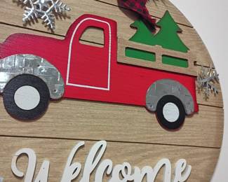 Round wooden Welcome sign, red truck Christmas tree, farmhouse holiday door decor, snowflakes