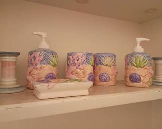 Floral bathroom accessories set, soap dispenser lotion pump, ceramic vanity set, purple iris flower design, bath decor lot