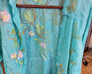 Turquoise embroidered kimono top, floral silk, boho style clothing