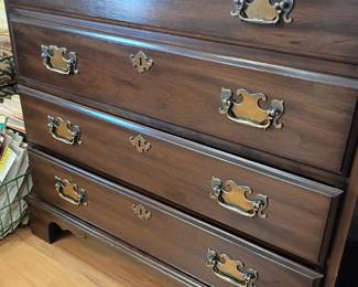 Dark wood chest of drawers dresser, brass bail pull handles, traditional bedroom furniture, vintage four drawer bureau, solid wood