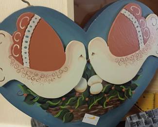 Folk art heart shaped wall hanging, painted lovebirds wooden plaque, blue country cottage decor, hand painted bird art, rustic
