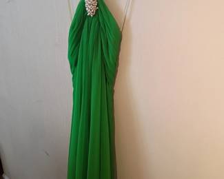 Green formal evening gown, jeweled embellishment, women's dress, special occasion wear