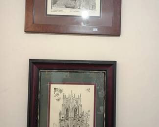Framed architectural etchings, cathedral and European building prints