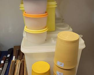 Tupperware lot, vintage storage containers with lids, yellow canisters, plastic food storage set, retro kitchen Tupperware collection