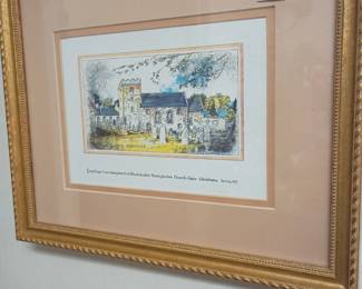 Framed watercolor print, vintage building landscape painting, gold ornate frame, matted artwork, country house scene wall art