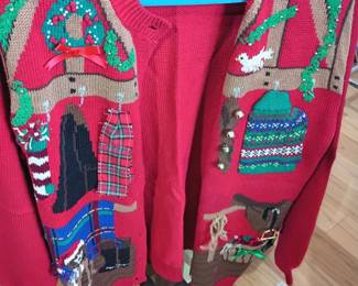 Red Christmas cardigan sweater, holiday applique patchwork, ugly Christmas sweater, festive knitwear