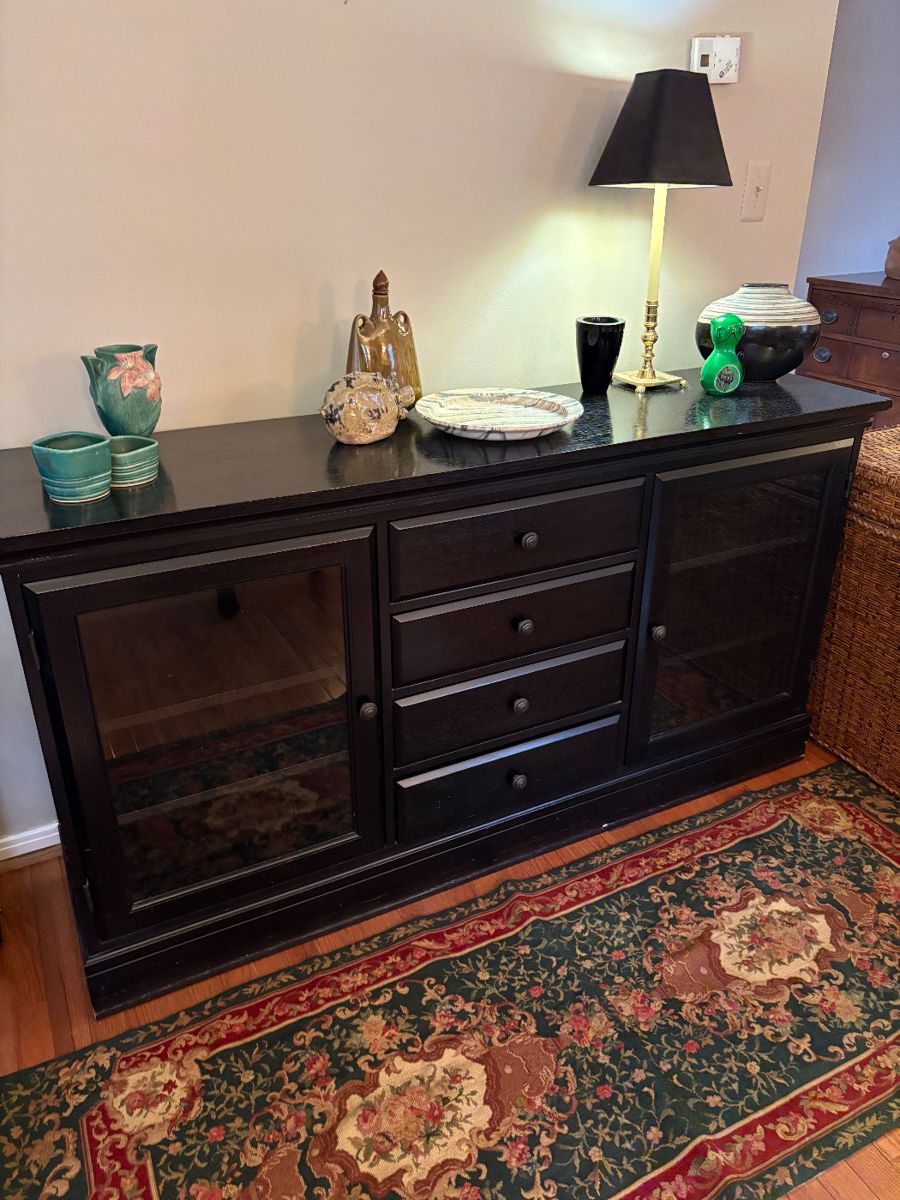 Pottery Barn Sideboard with 4 center drawers and 2 glass-front cabinets, Roseville Pottery, and more!