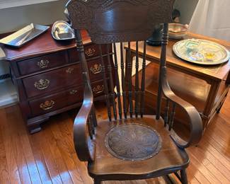 3-drawer Bombay chesk, side table with leather top and lower drawer, rocking chair with leather ceat - vintage circa 1940's