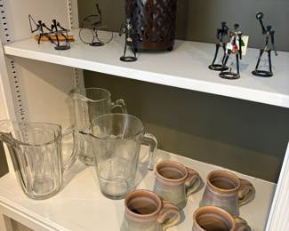 Ceramic artist coffee mugs, water/beer pitchers, and metal figurines - set