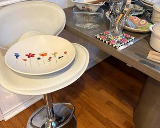 white leather and chrome stool, large serving dish