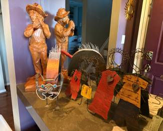 Hand-carved wood sculpture, and metal artwork - "Cat" and "Family"