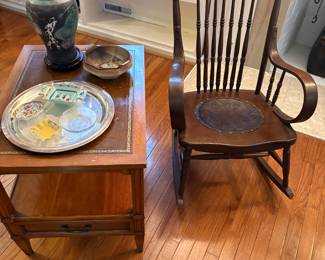 Side table with leather top and lower drawer, Vintage porcelain and glass "ring" dishes, pottery vase and rocking chair with leather seat