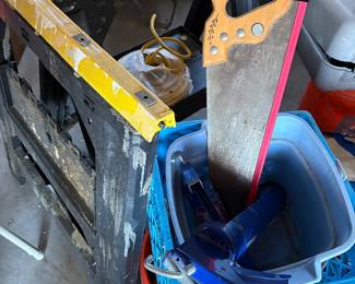 Saws, saw horse - pair, and crates