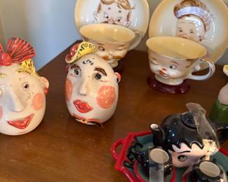 Vintage cups and saucers, Egg heads, and Betty Boob children's tea set