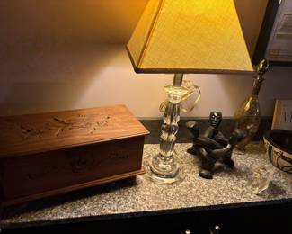 Hand-carved wood box, glass lamp, wood link-art and more!