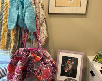 Metal coat rack, office chair, crocheted items:  children's sweater and blankets, and duffel bag