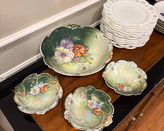 Vintage porcelain bowls set of 3 with larger serving bowl and milk glass salad or dessert plates