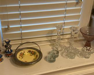 Candle holders and vintage compote server