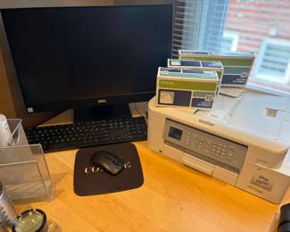 Dell monitor, keyboard, mouse and Brother printer and office supply essentials