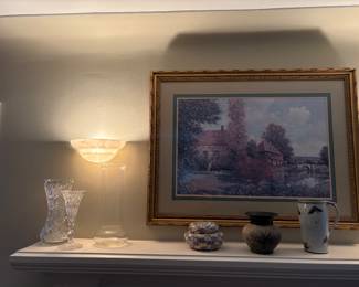 Waterford and crystal vases, pottery vase and pitcher, ginger jar and framed print