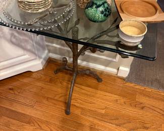 Metal and glass side table with Hob-Nail platters, hand-painted Italian porcelain, fruit wood dish and pottery