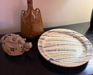 Vintage pottery bottle, pottery plater and more decor